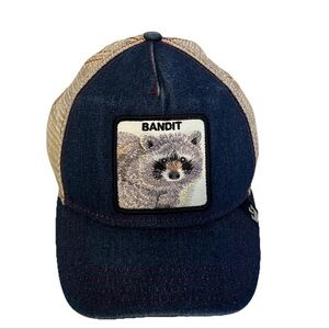Goorin Bros Trucker Hat Bandit Raccoon Patch Snapback Navy Blue Denim Patch